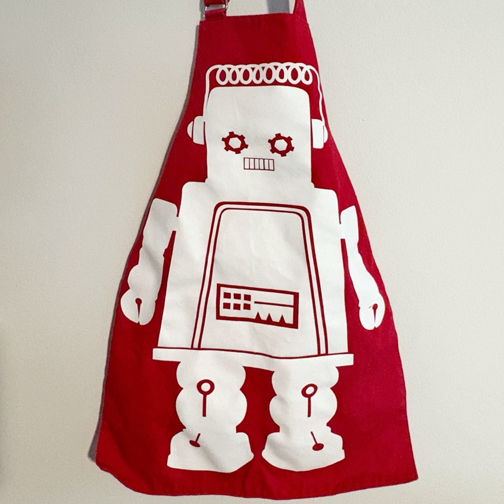 Old Navy Red Christmas Holiday Robot Apron with White Robot Kids Size